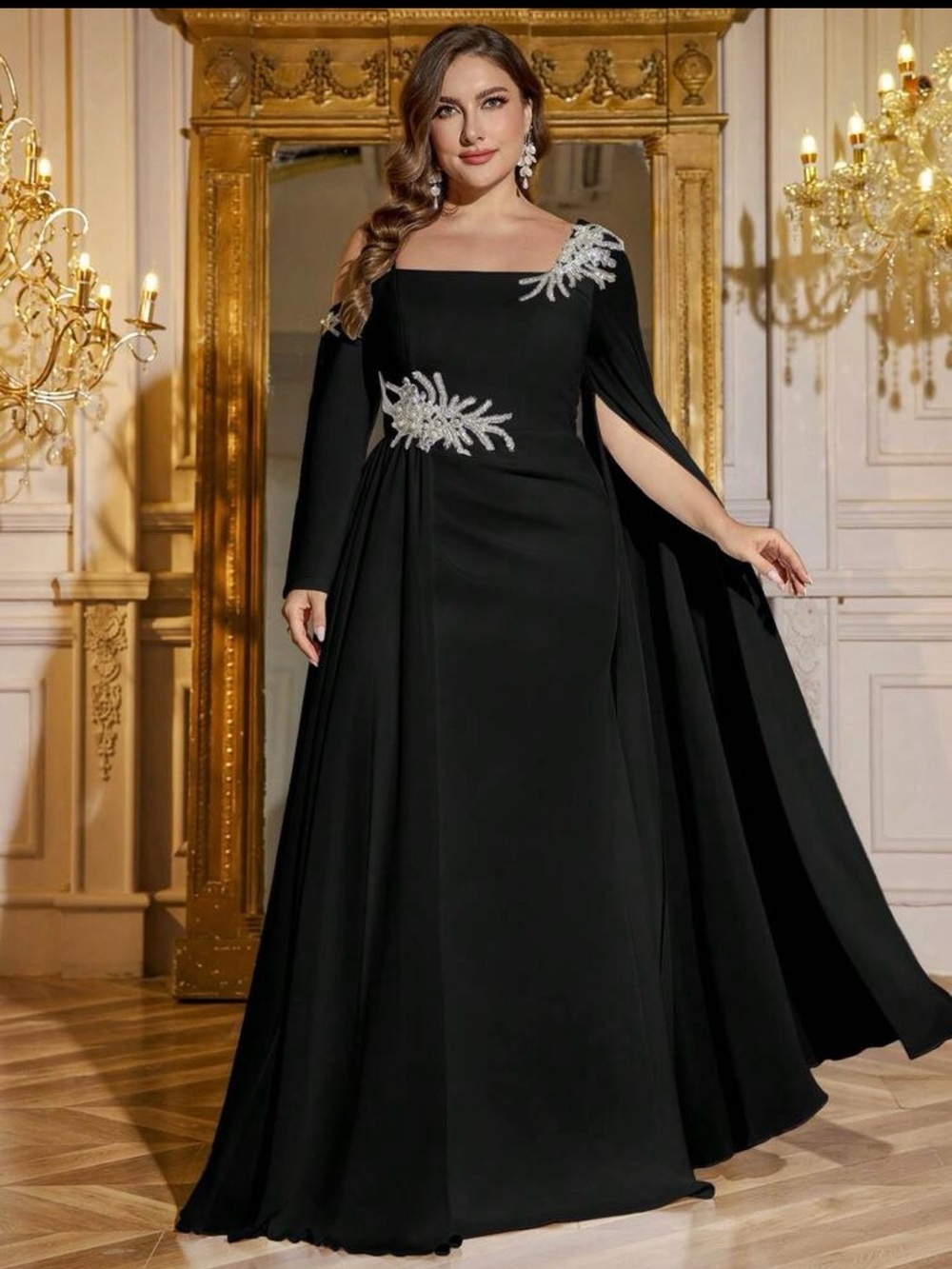 Black Silver Plus Size Embellished One Cold Shoulder Formal Evening Gown Sz 18 - Picture 6 of 16